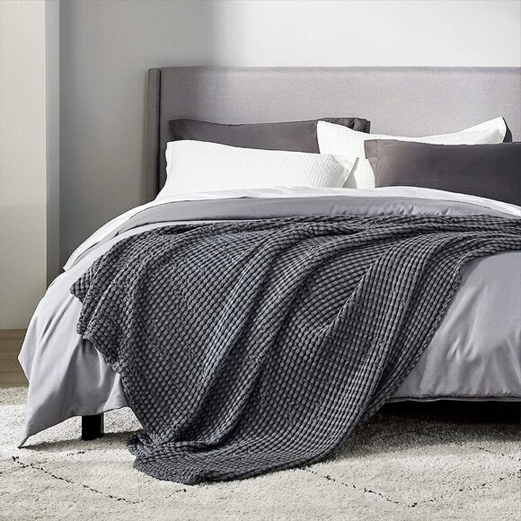 Cotton Waffle Weave Bamboo Blanket King Size Gray Soft Lightweight Bed Blanket - Picture 1 of 5